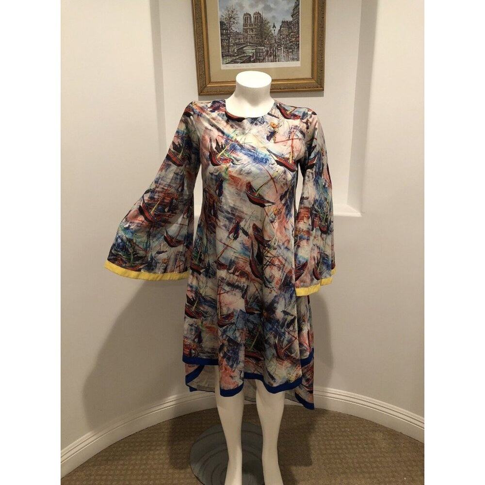 Aftican Design Trish O. Couture High-Low Long  Bell Sleeve Marine Print Dress